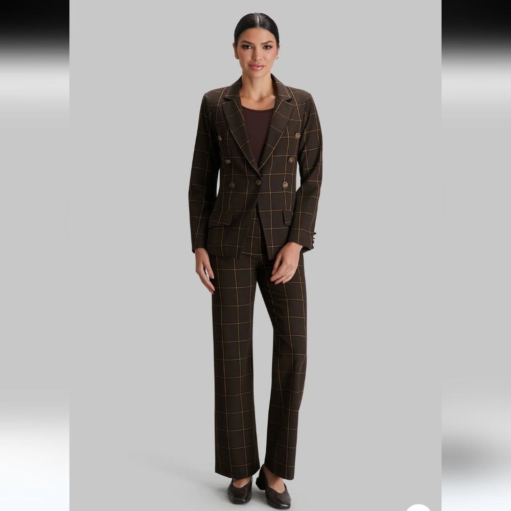 NWT Peace of Cloth Espresso Windowpane Steely Jacket + Pants Suit Set Sz M